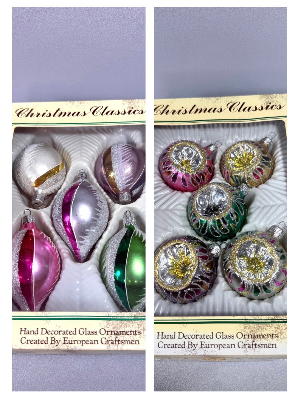 VTG COMMODORE Christmas Classics Glass Tree Ornament Set - 2 Box Lot